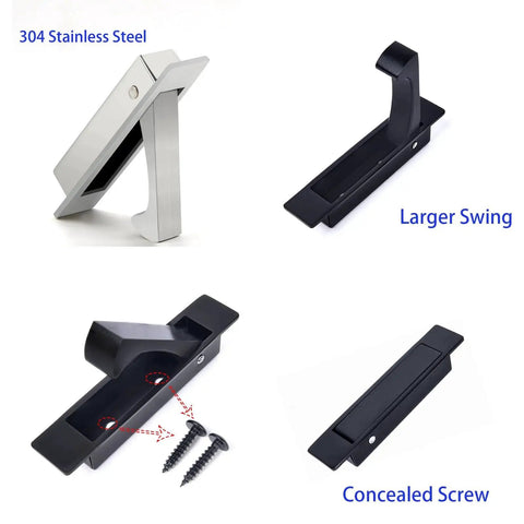 Sliding Pocket Door Handles Set Matte Black 304 Stainless Steel Non Locking Recessed Flush Finger Pulls And Heavy Duty Edge Pull 6 Inch Length Durable Rust Resistant High Quality Hardware shown in detailed views with larger swing and concealed screw feature.