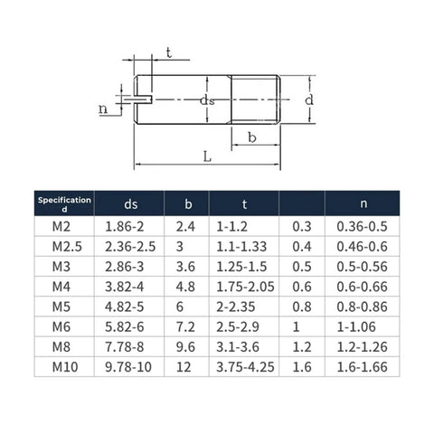 Diagram and specifications for Stainless Steel Dowel Pin Set 304 Slotted Outside Thread Solid Cylindrical Locator Pins M2 to M10