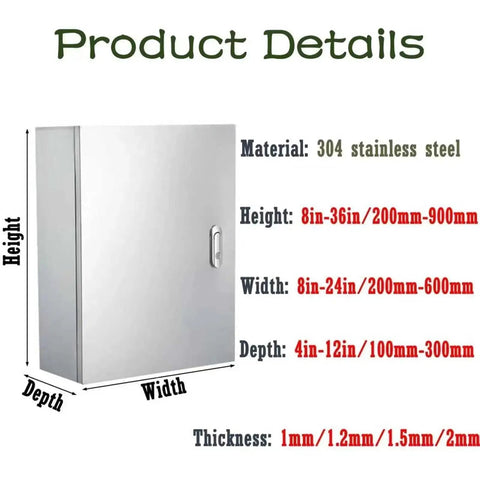Dimensions of Heavy Duty Stainless Steel Electrical Enclosure Box With Hinged Cover displayed, highlighting size options and thickness.