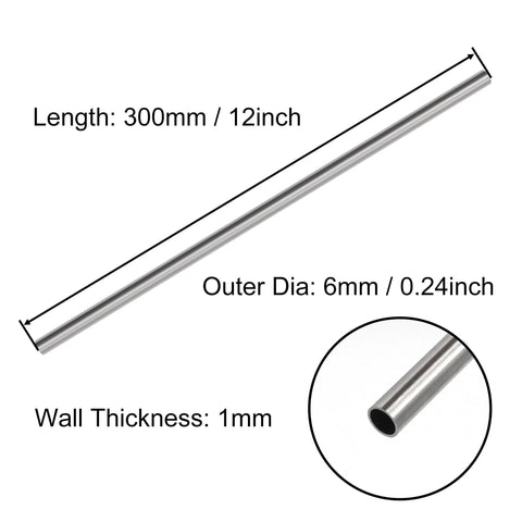 Stainless steel round tubing, 6mm OD, 1mm wall, 300mm length, seamless straight pipe for DIY crafts, 2 pcs