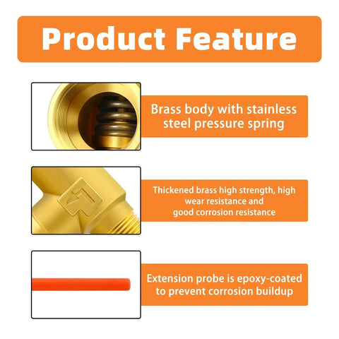 RV Water Heater Temperature And Pressure Relief Valve Half Inch NPT With Epoxy Coated Probe features brass body and stainless steel spring.
