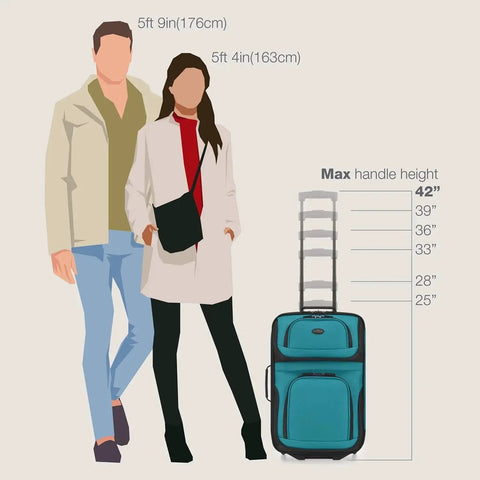 Teal Lightweight Softside Carry On Rolling Luggage With 2 Wheel System beside people for size comparison, handle at max height