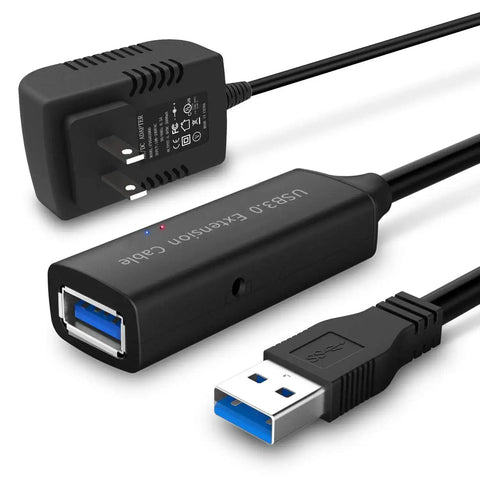 32 Foot USB 3.0 Active Extension Cable With 5V 2A Power Adapter And Built In Signal Booster Chips For Xbox One PS4 PC Printer Keyboard Mouse And Other USB 3.0 Gear, featuring power adapter and USB connectors