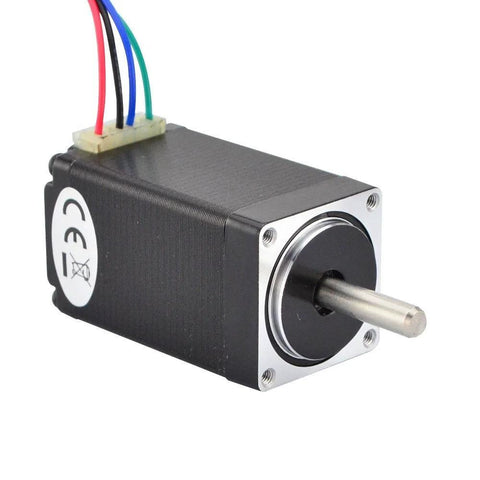 Stepper motor Nema 11 bipolar, black housing with silver front plate, 4-wire connector and metal shaft