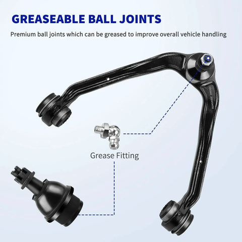 Front suspension control arm, black steel, with greaseable ball joints and fittings