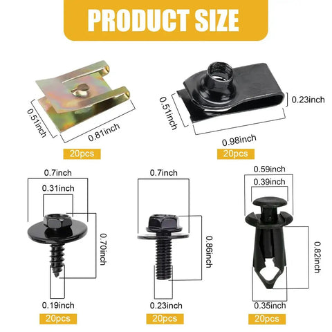 Complete Car Body Fasteners Kit With Screws Bolts Push Rivets And Clips For Under Cover Splash Shield Replacement size diagram