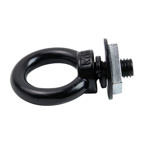 Heavy Duty T Track Bolts And Nuts Kit For Roof Rack Mounting With M10 Stainless Steel T Slot Bolts Nuts Lifting Eye Bolts And Anchoring Kit Four Sets Square Head Screws Included Durable 304 Stainless Steel Construction close-up of black M10 lifting eye bolt with washer and nut