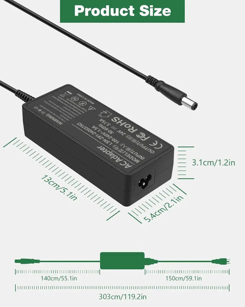 CPAP 24V DC Power Cord 90W Charger For AirSense 10 S10 CPAP Machine Replacement Cable With DC Barrel Connector next to size chart