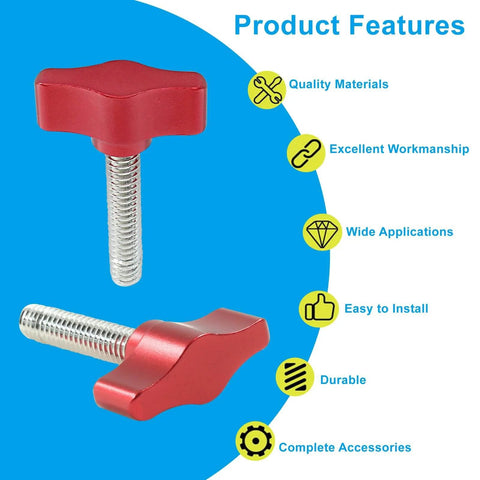 Two red aluminum knobs with stainless steel threads for Four Pack 1/4-20 By 1-1/4 Inch Thumb Screws With Stainless Steel Threads And Red Aluminum Knob For Woodworking Indoor Outdoor Equipment Assembly Durable Corrosion Resistant Fastening For Any Project next to product feature icons.