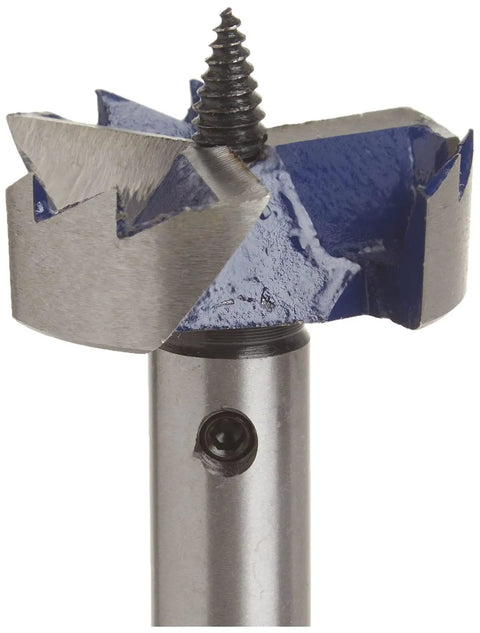Close-up of a Self Feed Drill Bit 2 Inch With 3 Cutting Edges For Quick Clean Holes Hardened For Tough Materials Replaceable Screw Point