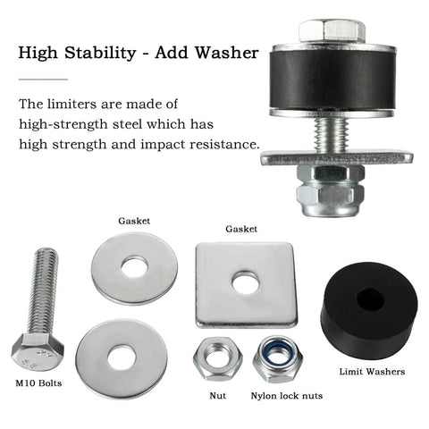 Components of One And Five Eighth Inch Unistrut Trolley Limit Hardware including bolts, gaskets, and washers for strut channel beams.