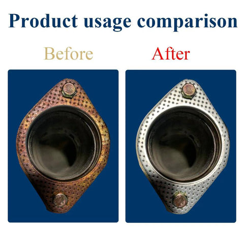 Two 3-inch exhaust flange gaskets; perforated metal, rusted left and shiny right in before/after comparison.