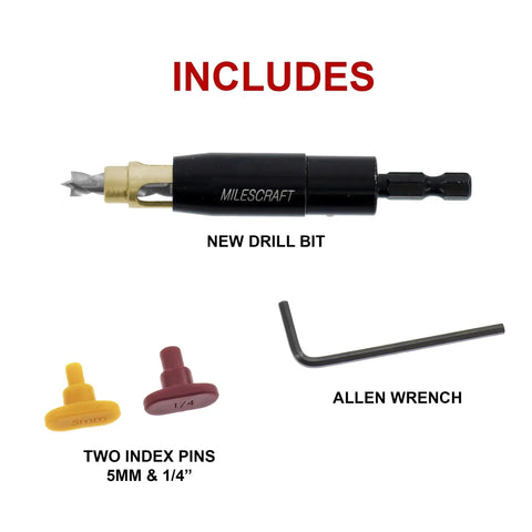 Components of Cabinet Mate Shelf Pin Drilling Jig With One Quarter Inch Self Centering Brad Point Bit Included