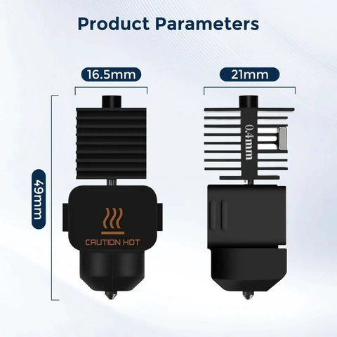 Dimensional diagram of 2 Pack A1 Mini A1 Hotend Kit With 0.4mm Hardened Steel Nozzle for Bambu Lab printers, front and side views.