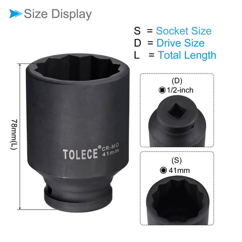 Deep Impact Socket 41mm, Half Inch Drive, 78mm Length, CRMO 12 Point with size display, heavy duty socket for projects and repair