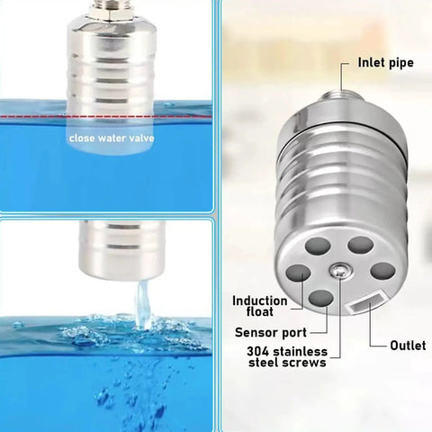 Auto Water Level Control Float Valve In 304 Stainless Steel No Pump Needed For Tanks Ponds Livestock Troughs Hydroponics And Pools Top Or Side Entry High Pressure Fits Half Inch And Three Quarter Inch Lines with close-up view and inlet pipe details.