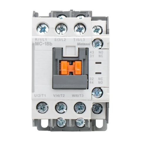 Front view of Beefed Up Heavy Duty Magnetic Contactor 3 Pole 40A Ith With 110/120V AC Coil, 18A AC-3 Rating, UL and CE certified.
