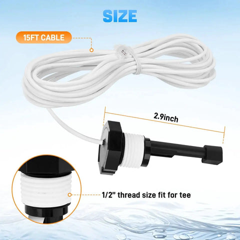Upgraded GLX-FLO-RP Pool Flow Switch Assembly with 15 ft cable and metal probe, shown with dimensions for Hayward Aqua Rite systems