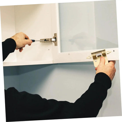 Installing a Semi Hidden Spring Loaded Door Hinge For RV And Camper Auto Close Cabinets with screwdriver, Mobestech 5 Piece Set.