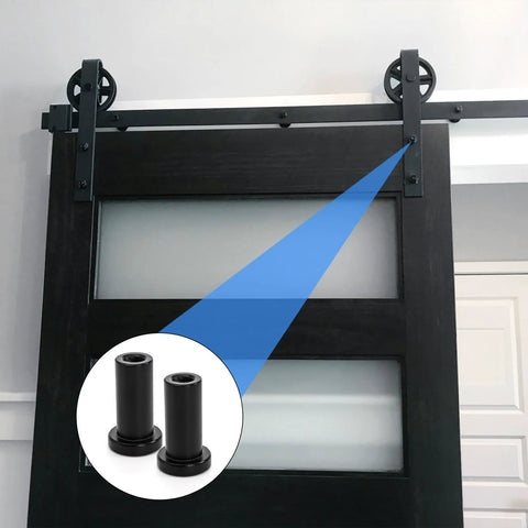 Installed barn door with Ten Piece Barn Door Spacers Set For 2 Inch Sliding Barn Door Hardware, close-up of wall spacers