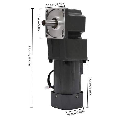200W 110V AC Gear Motor With 36Nm Reduction Gearbox, governor, and reversing function, heavy duty steel housing, side view with measurements