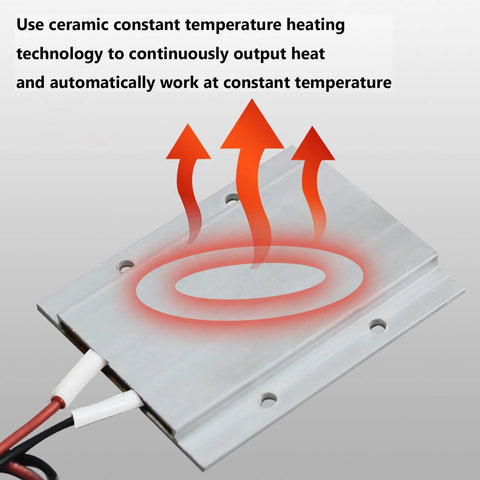 12V PTC heating element on aluminum shell plate with red and black wires, 50W ceramic heater