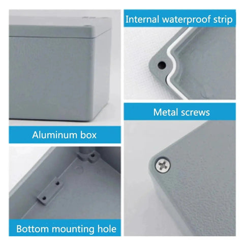 Close-up of Rugged Outdoor IP67 Cast Junction Box showing internal waterproof strip, metal screws, aluminum box, bottom mounting hole