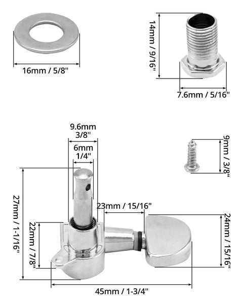 QWORK 6-pack guitar tuning pegs front view, universal 3L+3R machine heads, zinc alloy with installation hardware
