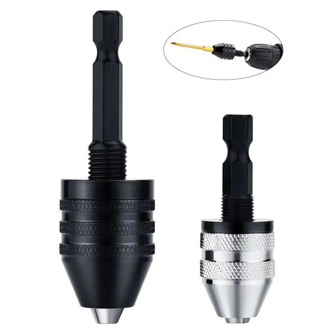 Front view of 2-piece drill chuck adapters with 1/4-inch hex shanks; black and silver knurled bodies