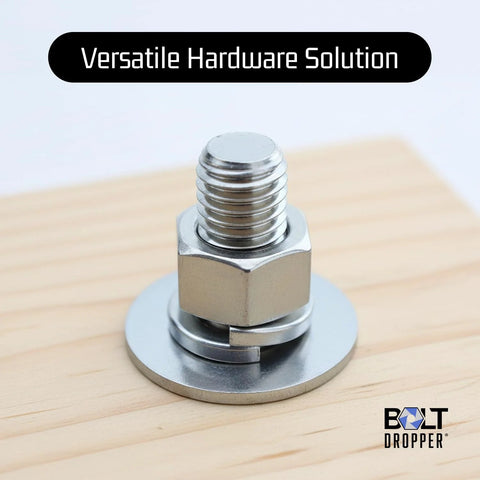 Stainless steel flat washer with bolt and hex nut on wood surface; 1/4 in ID, 5/8 in OD; Bolt Dropper.