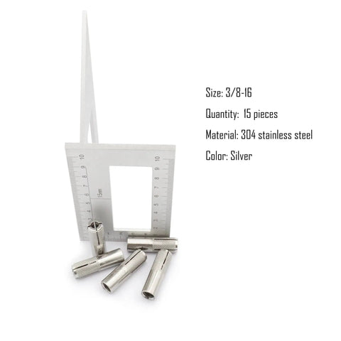 15 Pieces Drop In Anchors Set, Knurled, 3/8-16 For Solid Concrete with ruler, 304 Stainless Steel, Silver Finish