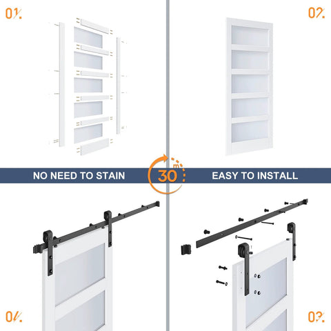 36x84 Inch Glass Sliding Barn Door Slab With 6.6 Ft Hardware Kit Included Five Frosted Glass Panes LVL Wood Core Covered In White Waterproof Scratch Proof PVC Surface Built To Last And A Snap To Install For A Clean Modern Look installation process and components shown