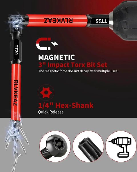Image of Heavy Duty 12 Piece Impact Torx Bit Set 3 Inch Long S2 Steel Tough As Nails Tamper Proof Star Bits T5 To T40 One Quarter Inch Hex Shank Magnetic High Torque For Automotive Electronics And DIY Repairs RLVKEAZ showcasing magnetic force and 1/4-inch hex-shank design.