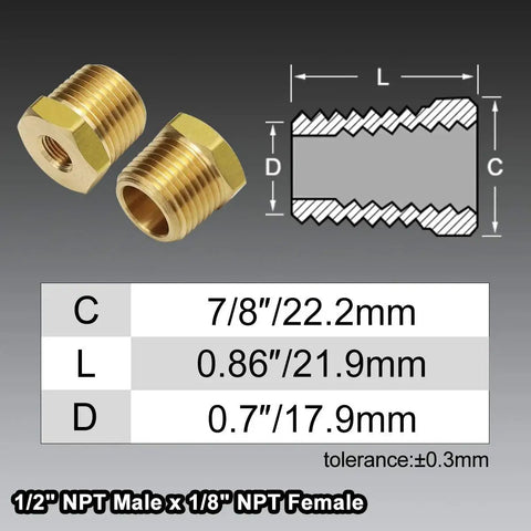 One Half Inch NPT Male To One Eighth Inch NPT Female Reducing Brass Pipe Fitting With Hex Head Bushing Adapter dimensions