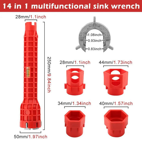 14 In 1 Multi Functional Plumbing Wrench For Faucet And Sink Installations With Anti Slip Grip And Extra Long Reach Red