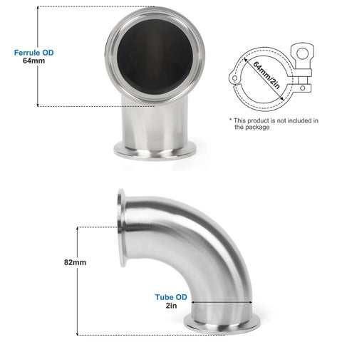 JMCOLMT 2-inch tri-clamp elbow, 90° sanitary pipe fitting, stainless steel 304, 50.5 mm OD