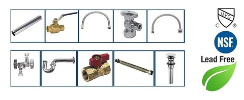 Assorted plumbing fixtures including No-Fuss Brass Three-Way Angle Stop Valve With Dual Outlets and pipes, connectors, and valves.