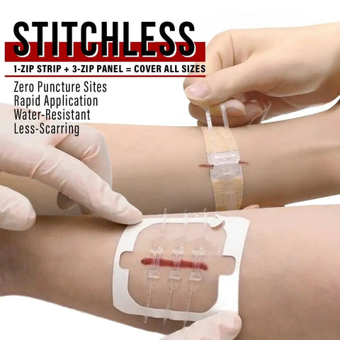 Hands applying Zip Stitch Wound Closure Kit For Quick Sterile Suture Free Healing Of Cuts And Lacerations With Adhesive Butterfly Bandages
