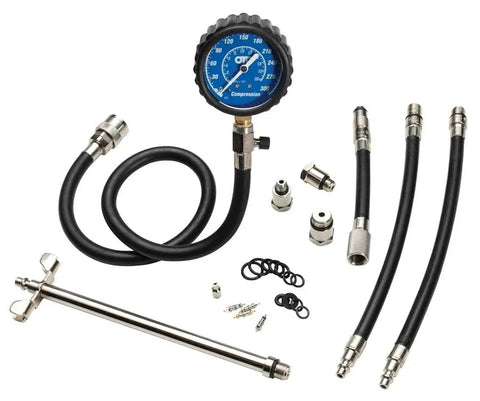 Gasoline Engine Compression Tester Kit With Deep Well And Ford Triton Adapter showing gauge, hoses, and adapters