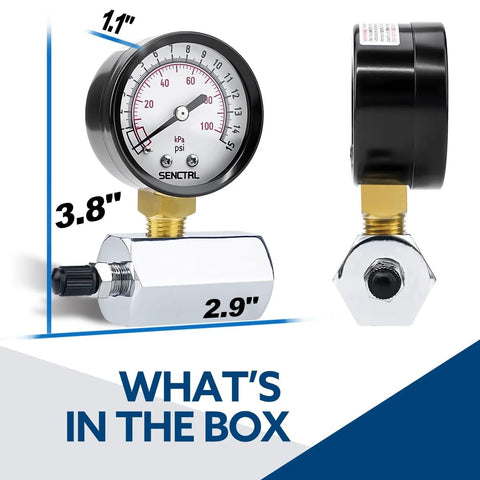 Gas Pressure Test Gauge Assembly For Gas Lines With 0 To 15 Psi Range, 2 Inch Dial, front and side views, chrome-plated body
