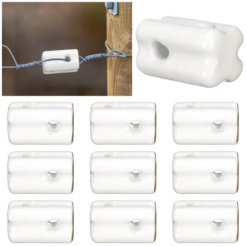 Porcelain Bullnose Electric Fence Insulators 10 Pack White Ceramic Insulators for Fence Wire and Wood Posts Durable Bullnose Design.
