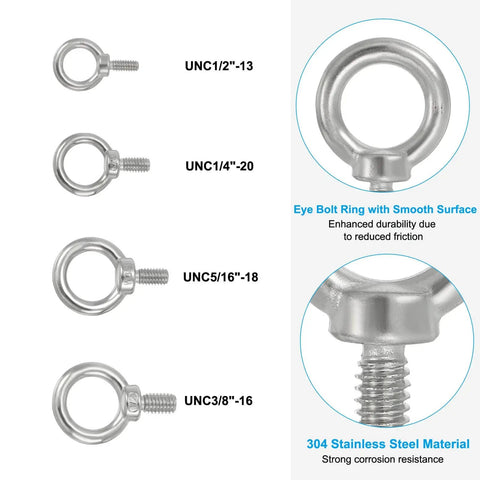 Comparison of eyebolts including 4 Pack 1/4-20 UNC Eye Bolts 304 Stainless Steel Marine Grade Eyebolts With Ring For Lifting