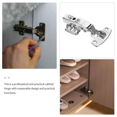 Side view of Beefy Heavy Duty Stainless Steel Self Closing Cabinet Door Hinges For Kitchen Cupboards With Buffer Action And High Load Capacity Rust Resistant Hardware 12 Pack Donfamds Premium Grade Cupboard Hardware For Smooth Soft Close And Easy Install being installed on a cupboard showing adjustment with screwdriver.