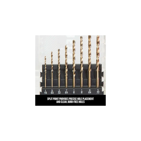 Gold Oxide Drill Bit Set For Wood Metal Or Plastic, 14-Piece With Split Point For Precise Holes, Burr-Free Cuts shown in case.