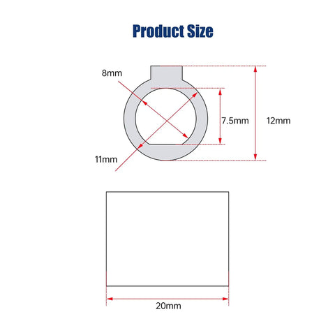 Diagram showing dimensions of 8mm To 11mm Shaft Sleeve Adapter For RV30 Worm Gear Reducer And RV030 Gearbox detailing guide.