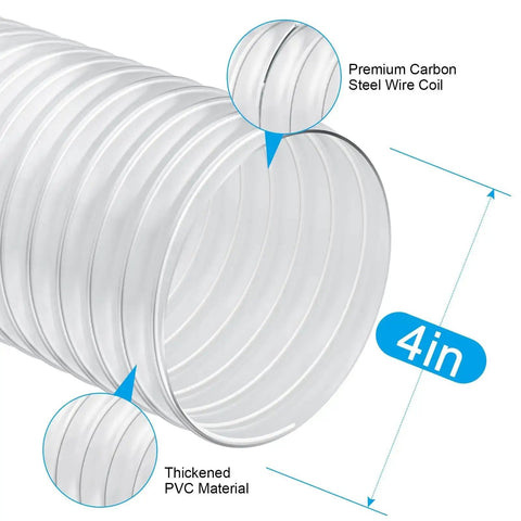 Heavy Duty 4 Inch PVC Dust Collection Hose, 50 Feet Long, Flexible Clear Debris And Fume Collector With Stainless Steel Clamps