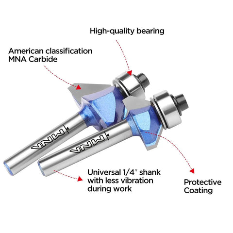 45 Degree Chamfer Router Bit Set for Smooth Angled Edges, 4 Piece, 1/4 Inch Shank, Cutting Diameters, Durable Carbide Bits