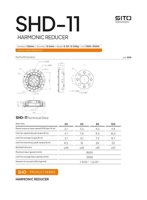 Technical specifications of Small Hollow Nema 14 Servo Motor Gearbox with strain wave harmonic drive, 52mm dimensions for robot actuators.