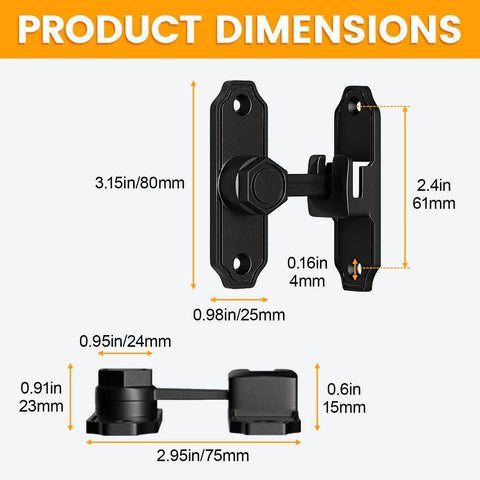 Glow In The Dark Barn Door Lock With 90 Degree Flip Latch, Safety Bolt dimensions and size guide in black.