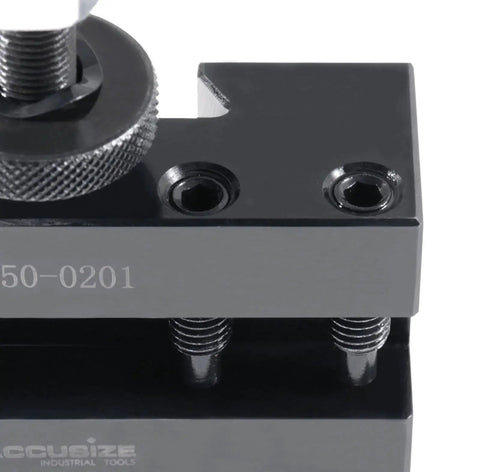 Close-up of BXA Quick Change Turning And Facing Tool Holder For Lathe Style 1 With Five Eighths Inch Tool Capacity Fits 10 To 15 Inch Swing USA Style Post Durable Steel Construction 0250 0201.